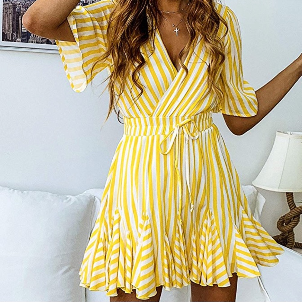Deep V Summer Yellow Striped Dress